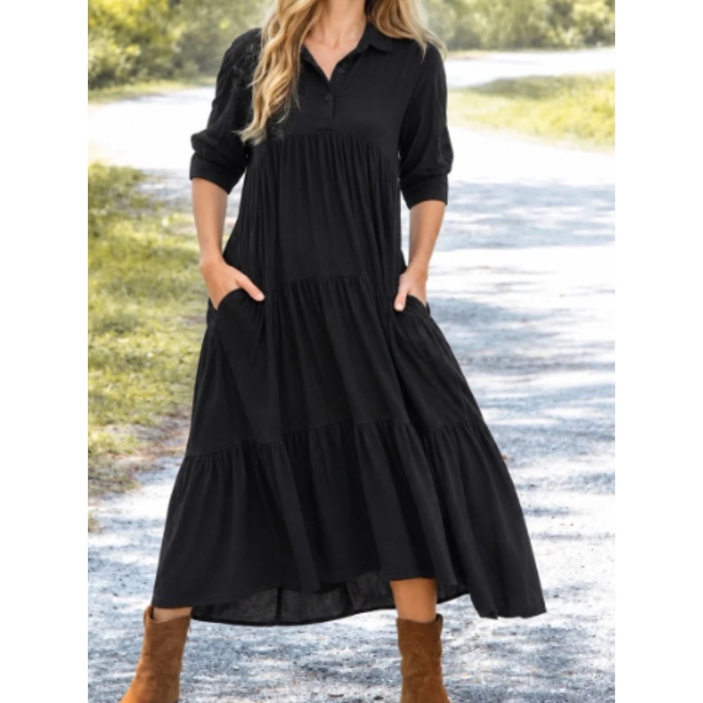Natural Life Tiered Midi Pocket Dress Black Collared High Low Flowy Boho Western